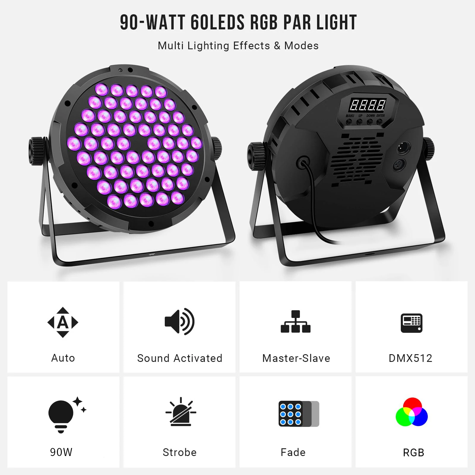 Фото 60LED Par Light RGB 3IN1 Disco Party Lights DMX512 90W DJ Uplights Звуковая активация Свадебное сценическое освещение для мероприятий Церковный клуб №2