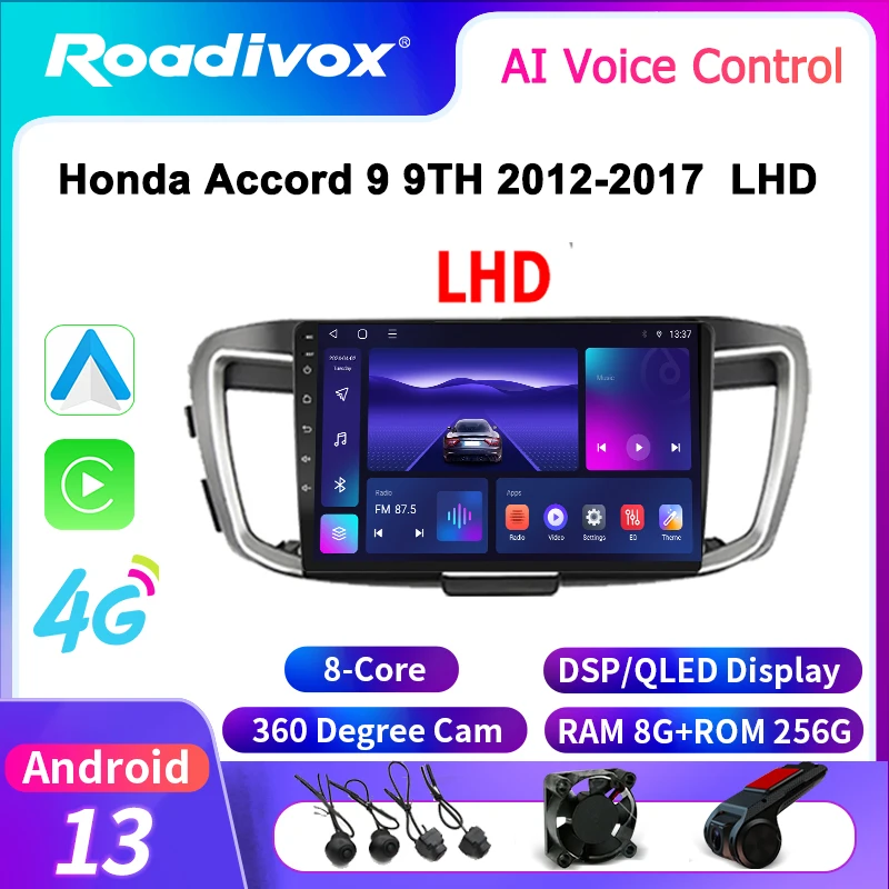 Автомобильная радиостанция Roadivox Android для Honda Accord 9 9TH LHD 2012, стерео GPS-навигация, видео, мультимедийный плеер, магнитофон, carplay