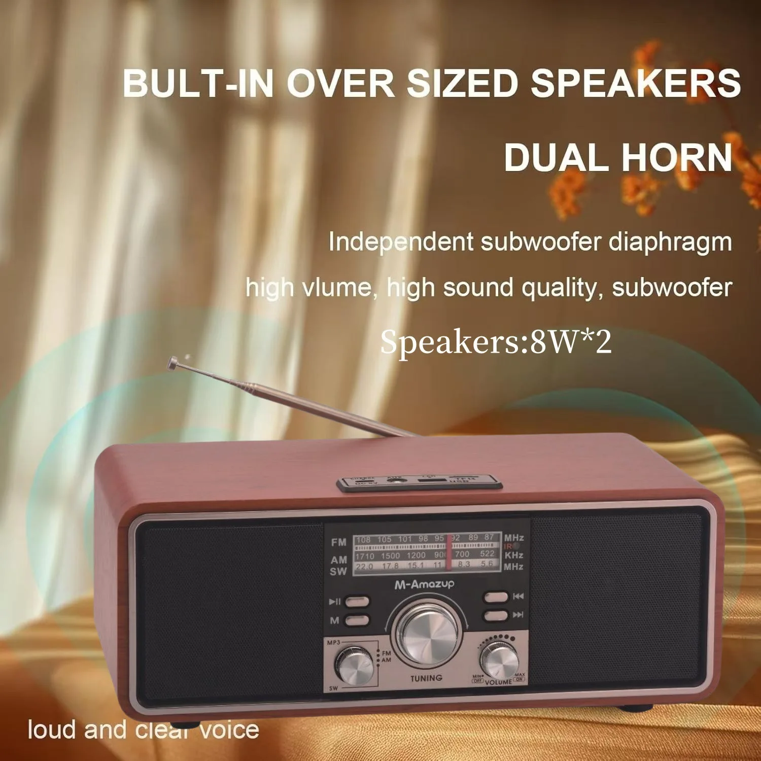 HiFi стерео карта AMFMSW многодиапазонное радио деревянный ретро Bluetooth динамик настольный беспроводной сабвуфер с USB TF AUX Music Playe (art.: 3920d15834a5f) - 3920d15834a5f