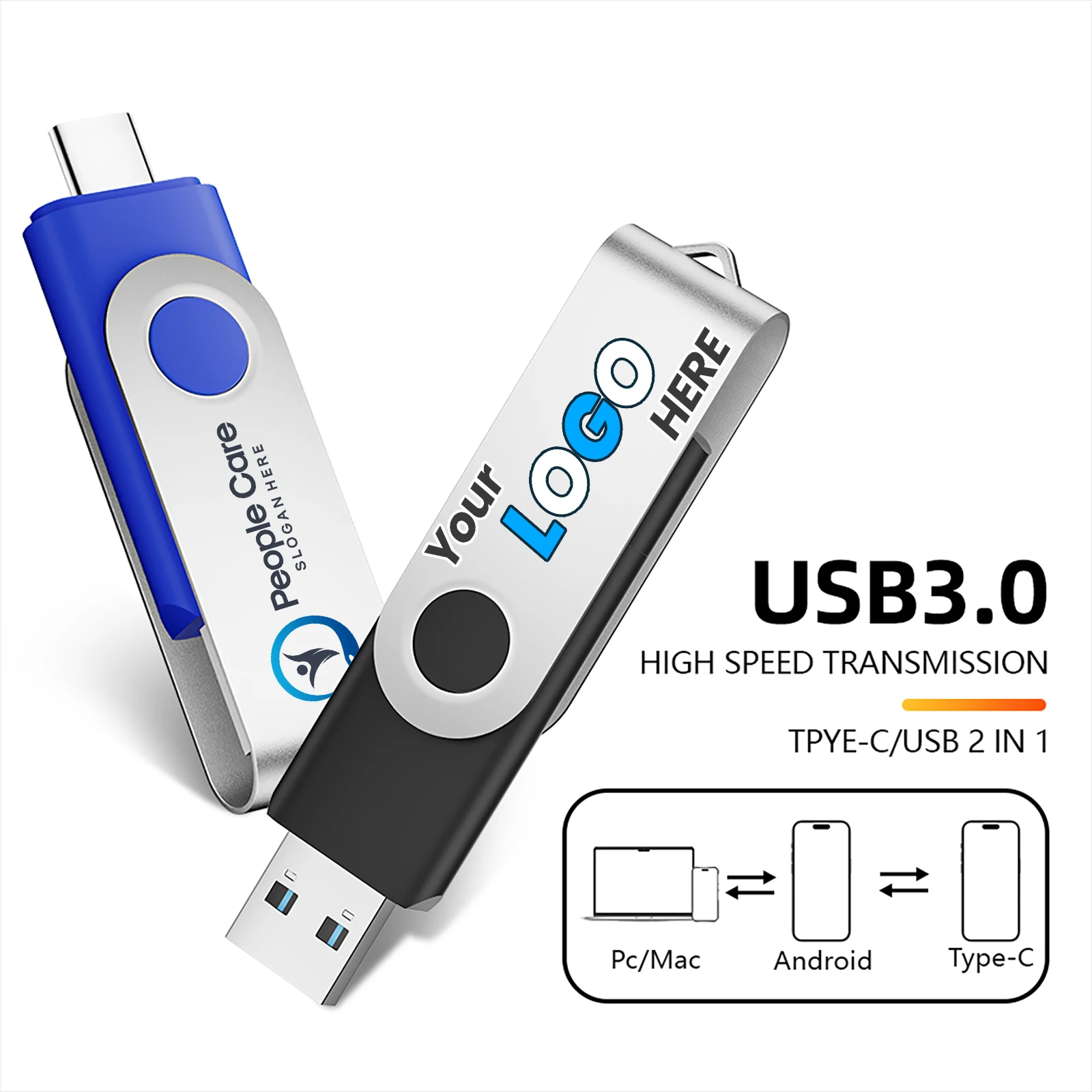 Флэш-диск USB 3.0 Type-C, 4 ГБ, 8 ГБ, бесплатный индивидуальный логотип, вращающаяся карта памяти, 16 ГБ, 32 ГБ, с брелоком, U-диск, 64 ГБ, 128 ГБ