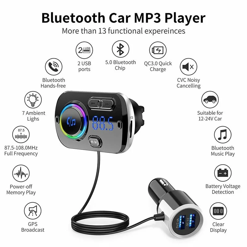 Автомобильный FM-передатчик с Bluetooth, быстрое зарядное устройство с двумя USB-портами, автомобильный аудиоприемник с прикуривателем