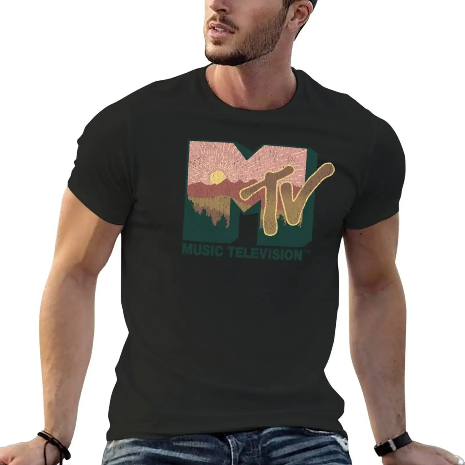 Футболка с логотипом MTV Music Television Forest Sunrise, мужская одежда в стиле хиппи, летняя одежда, простые рубашки, мужские рубашки с графикой