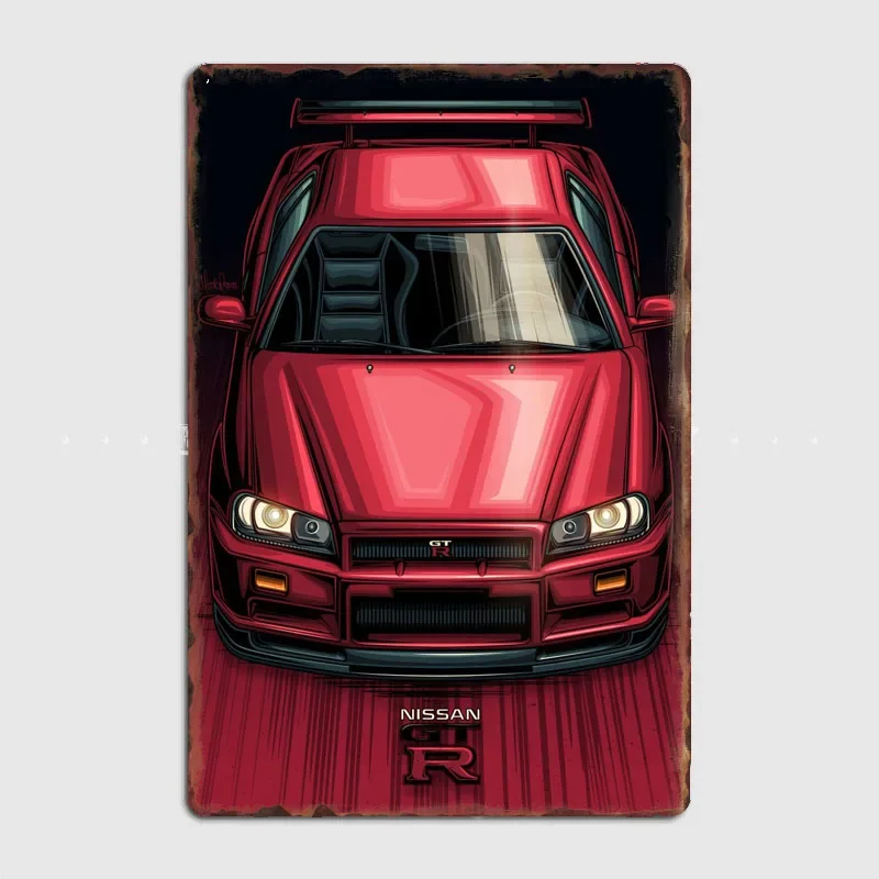 Классический автомобиль, винтажный Skyline R34, красные плакаты, металлический знак, автомобильный клуб, декор для гаража, оловянный винтажный домашний декор
