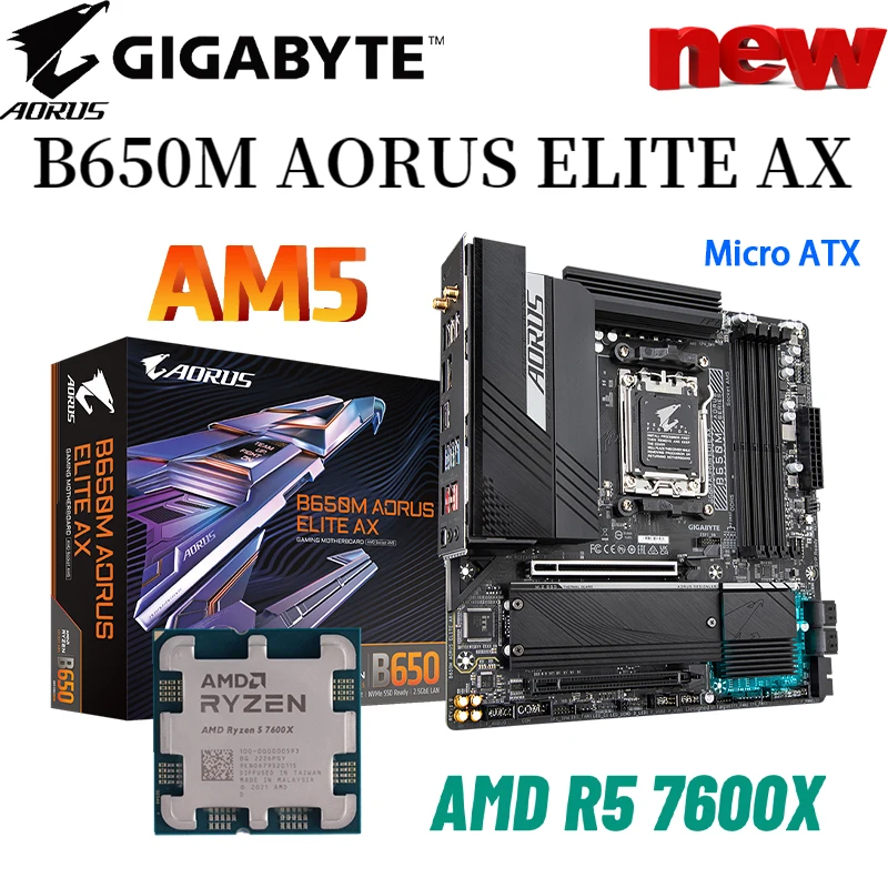 GIGABYTE B650M AORUS ELITE AX AM5 системная плата AMD Ryzen 5 7600X CPU RAM Set Combo DDR5 128GB 6600(OC) MHz Micro-ATX системная плата Материнская плата AMD B650 для настольных ПК с комплектом процессоров 7600X