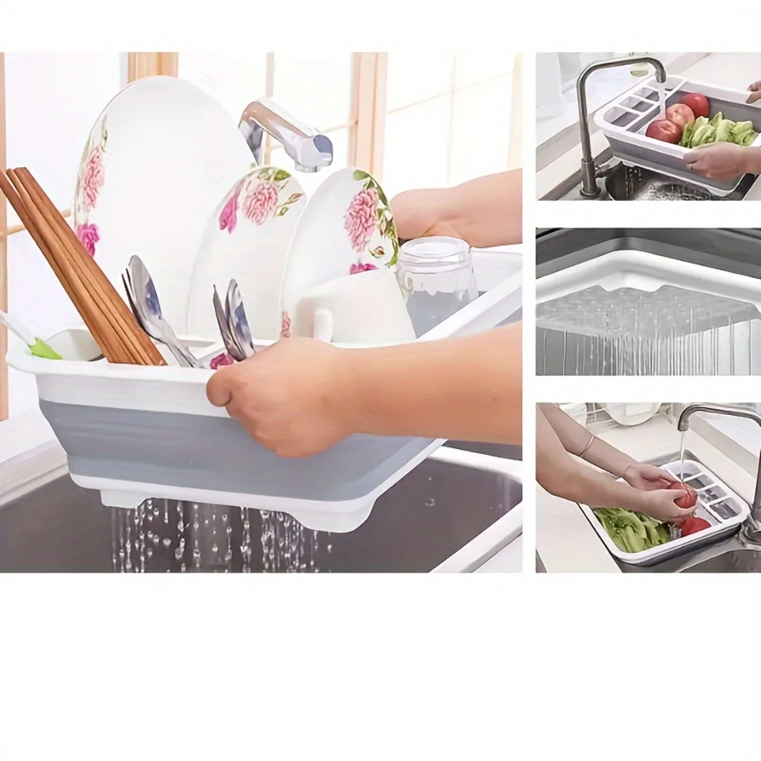 Фото Складная сушилка для посуды для кухонной стойки, вешалка для посуды, сушилка для посуды над раковиной, раковина для мытья фруктов и овощей №3