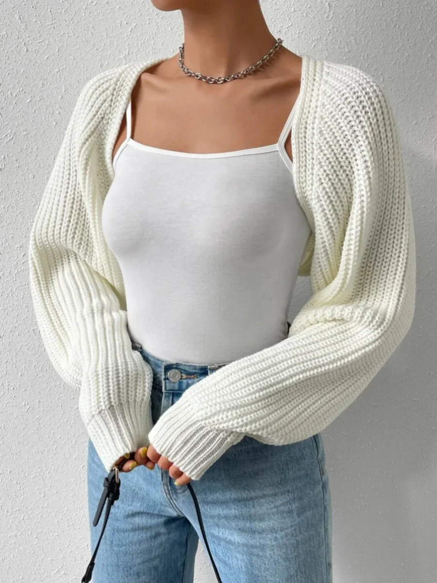 Women Shrugs Cropped Top Full Lantern Sleeve Knitwear Cardigan Long Sleeve Solid Color Ribbed Knit Shrug Sweatet Tops Streetwear