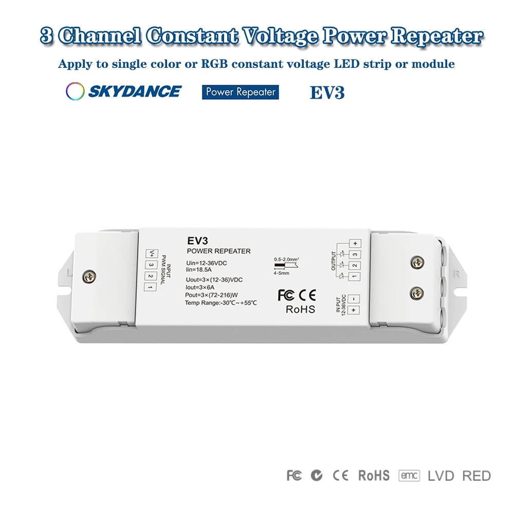 Фото Skydance EV3 DC12-36V 3CH * 6A Постоянное напряжение 2в1 Повторитель мощности Одноцветный усилитель сигнала RGB для контроллера/полоски/модуля №2