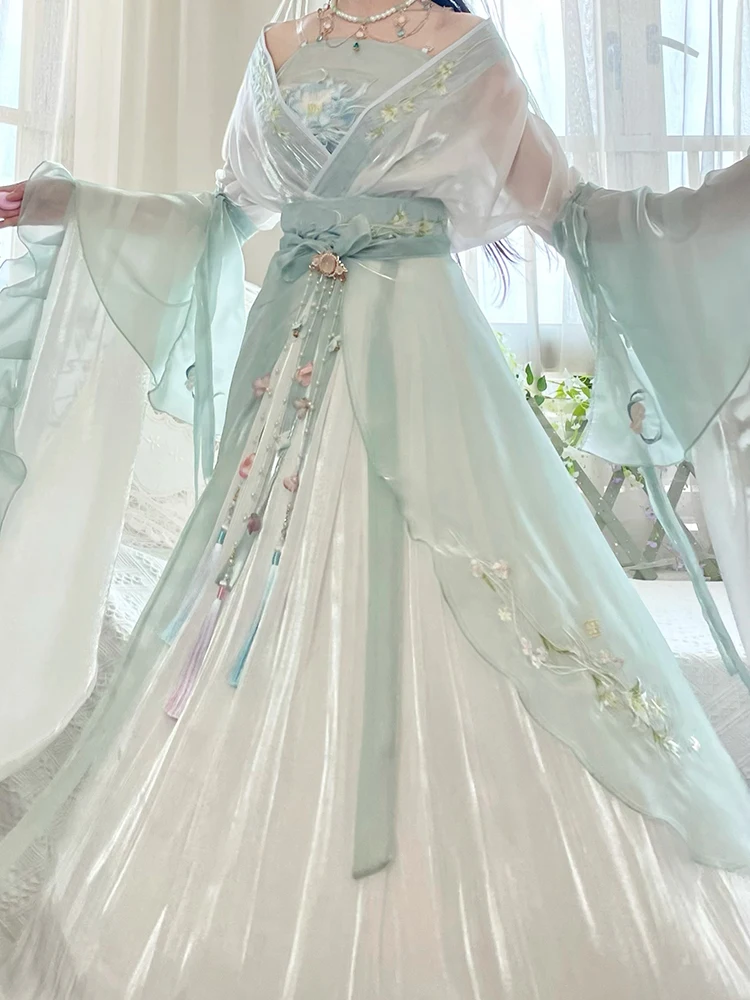 Набор для косплея Hanfu Bordir Tradisional Kuno stou Cosplay Peri karnavy Gaun Dansa Hanfu Hijau