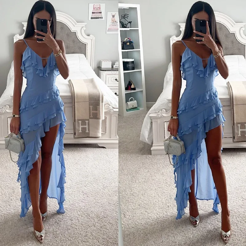 Kobieta nieregularne frędzle letni trend obcisły rozcięcie Maxi Bodycon urodziny odzież klubowa Vestidos niebieskie eleganckie damskie sukienki na ramiączkach