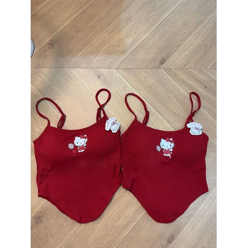 Блузка с рисунком Hello Kitty, летняя верхняя одежда для девушек, подтяжки с острым котенком и открытым пупком