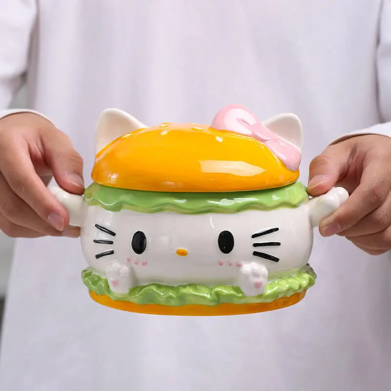 Фото Керамическая чашка с рисунком «Hello Kitty's», миска для супа, красивая, большая вместимость, бытовая, есть ложка, модный милый праздничный подарок №4