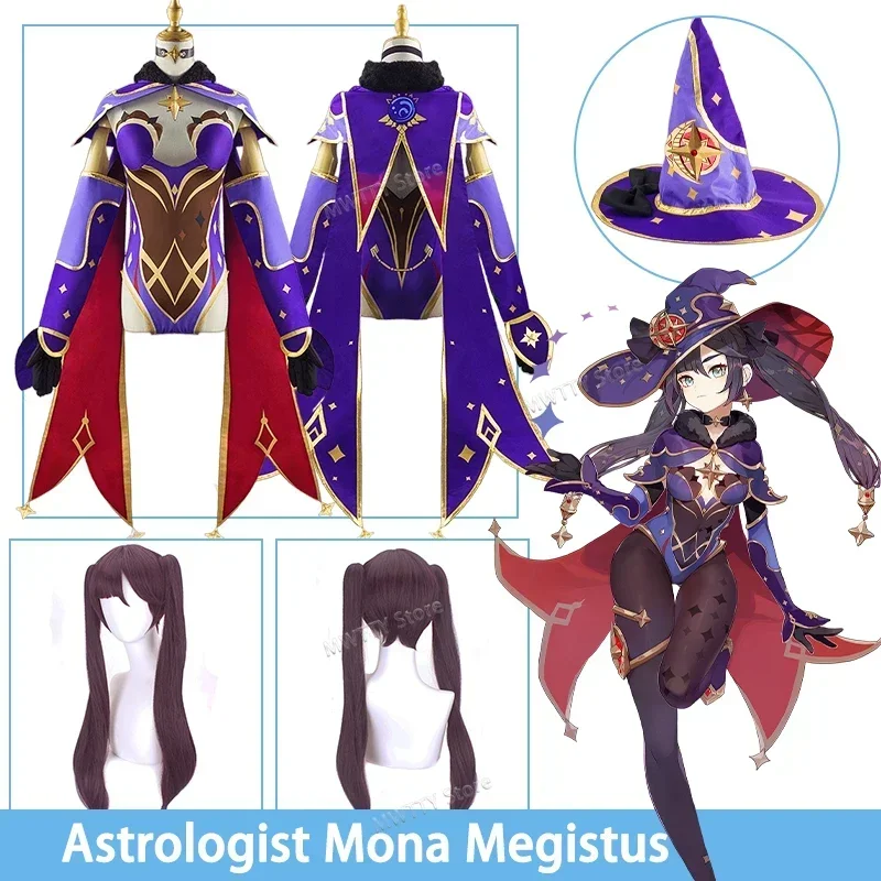 Mona Косплей Игра Genshin Impact Астролог Mona Megistus Косплей Костюм Сексуальная Аниме Униформа Платье Парик Одежда на Хэллоуин