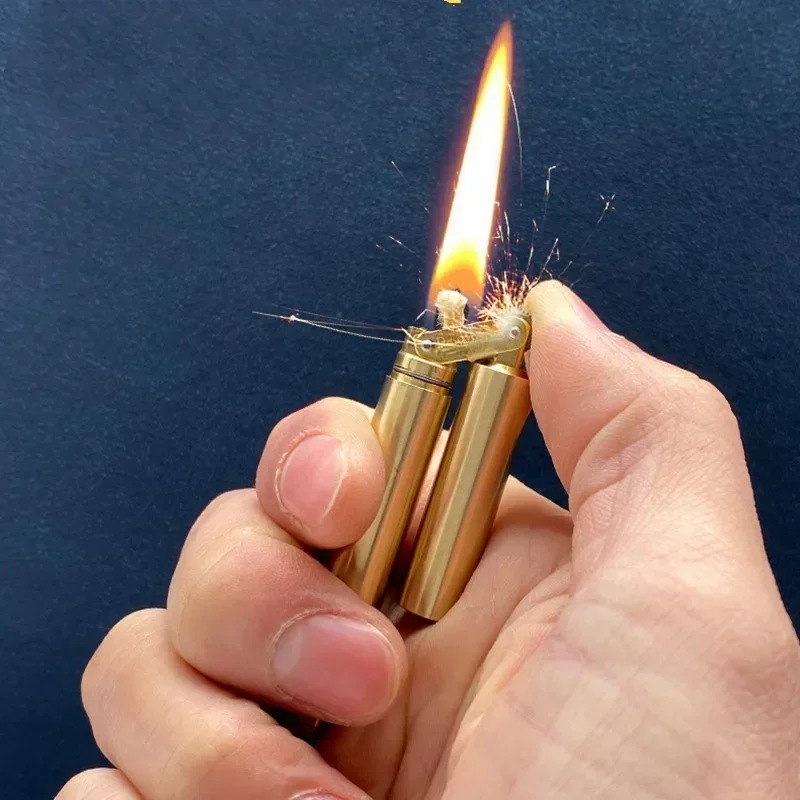 Фото Латунные керосиновые зажигалки Nunchakus, ветрозащитные мини-ретро шлифовальные круги, зажигание, кремневый, бесплатный огонь, мужская игрушка для курения, подарок №2