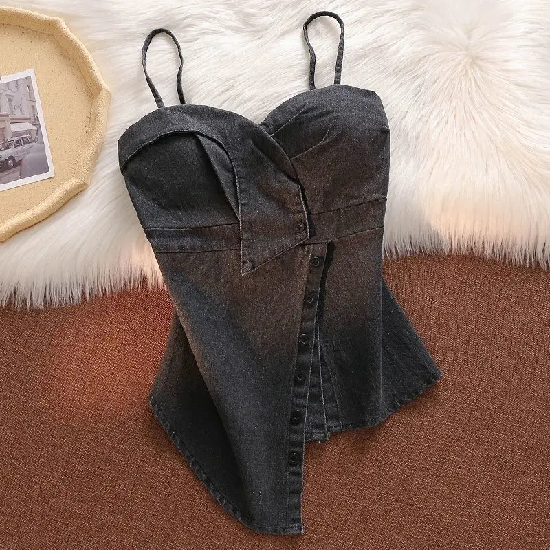 Фото Y2K Tank Top Woman Pure Desire Сексуальный джинсовый жилет Женская нагрудная подушка Асимметричный облегающий однотонный топ на подтяжках с завязками на талии №4