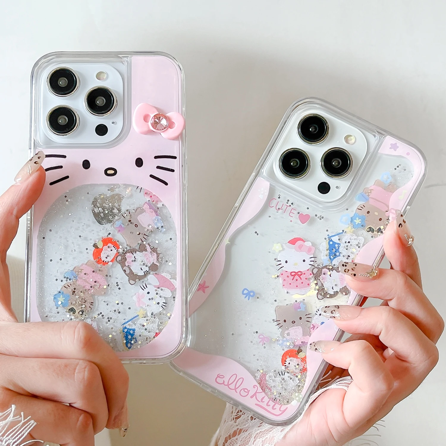 Фото Роскошный мультяшный милый чехол для телефона «Hello Kitty Bear Liquid Quicksand Bling Glitter» для iPhone 15 Pro 12 13 14 15 16 Pro Max KT Cover №2