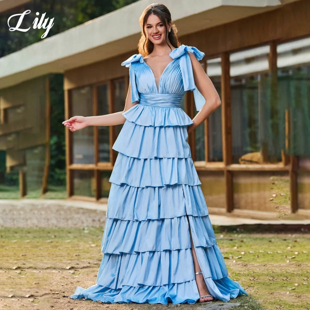 Элегантное вечернее платье Lily Blue с глубоким v-образным вырезом и плиссировкой для выпускного вечера, многослойные вечерние платья трапециевидной формы с разрезом по бокам для женщин по индивидуальному заказу