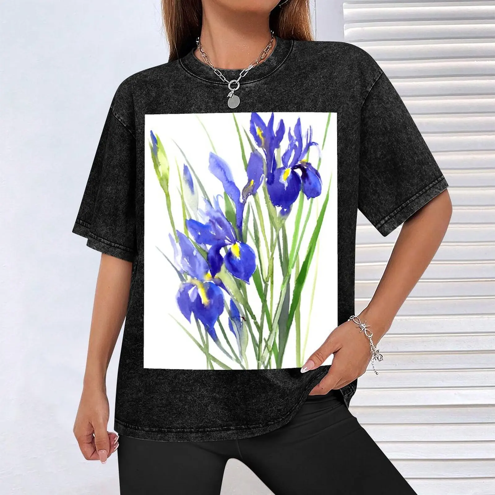 Фото Футболка Blue Irises, хлопковые футболки с рисунком, блузка, одежда больших размеров, мужские однотонные футболки №4