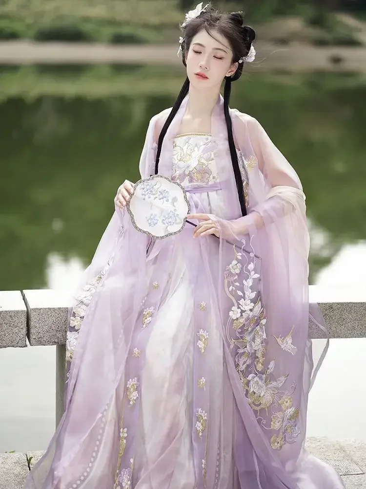 Китайское платье Hanfu, женское традиционное платье Hanfu с вышивкой, женское летнее фиолетовое платье Hanfu для женщин