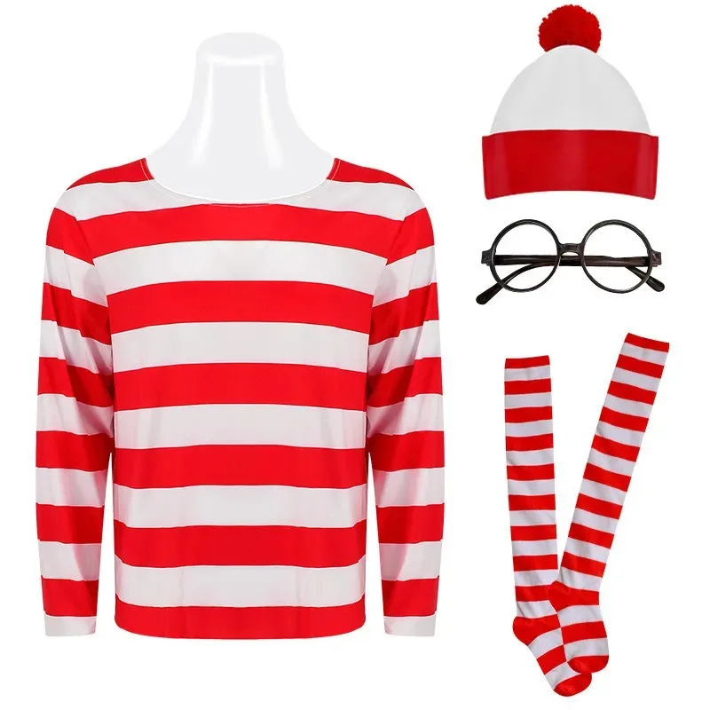 Фото Костюм на Хэллоуин «Где W-Wally», костюм Waldo Book Week, костюм для косплея, рубашка в полоску, шляпа, комплект очков для родителей и детей, для взрослых №5