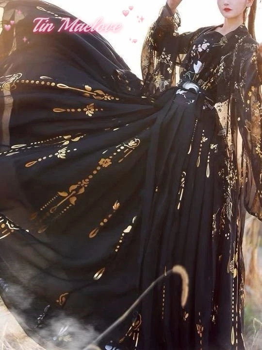 Традиционные китайские женские костюмы Hanfu для народных танцев, платья сказочной принцессы, одежда для косплея для девочек в стиле ретро, черно-белая журавль