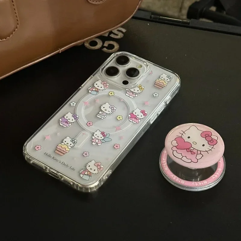 Чехол для телефона Sanrio с магнитным креплением Hello Kitty Magsafe, прозрачный жесткий чехол для IPhone 15 14 13 12 11 Pro Max с функцией беспроводной зарядки