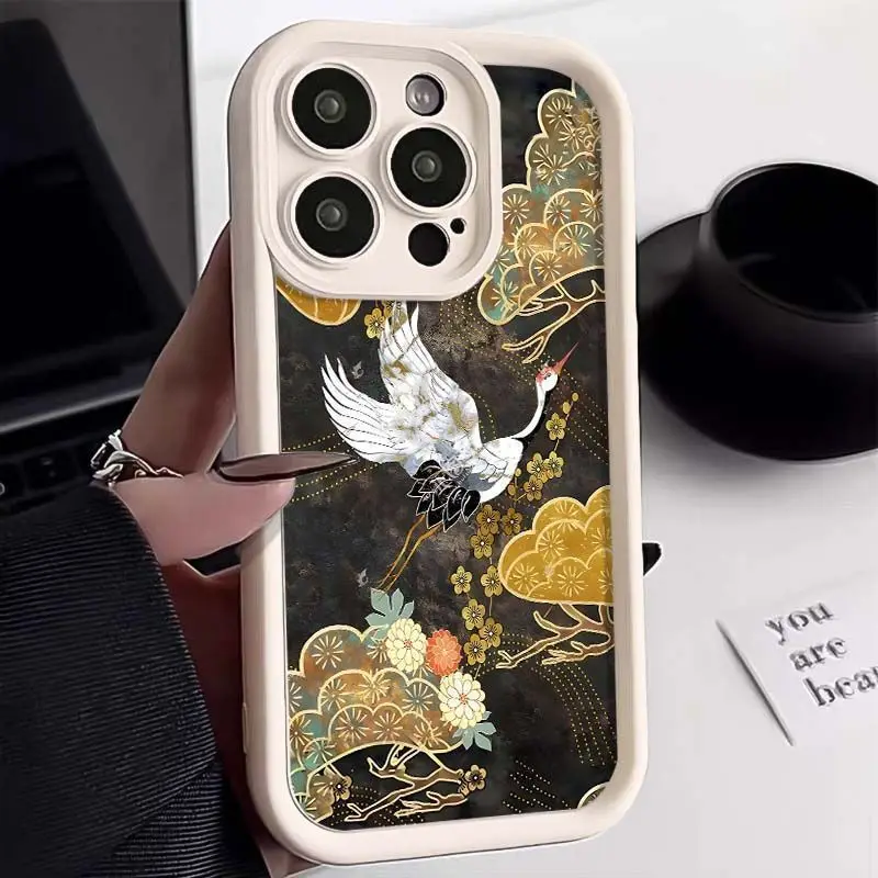 Фото Чехол для iPhone в китайском стиле с красной короной и журавлем для iPhone 16, 15, 14, 13, 12, 11 Pro Max XR XS MAX 78 PLUS INS, мягкий противоударный чехол №2