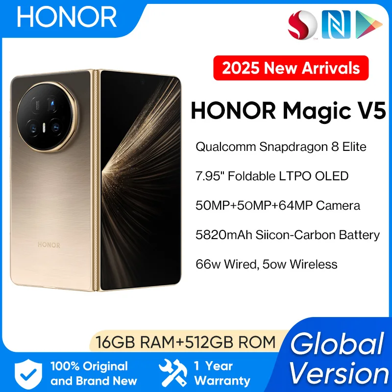 【Brand+】HONOR Magic V5, глобальная версия, 5G, складной OLED-дисплей LTPO, 120 Гц, 7,92 дюйма, 50-мегапиксельная камера, Snapdragon 8 Elite, 5820 мАч, 66 Вт