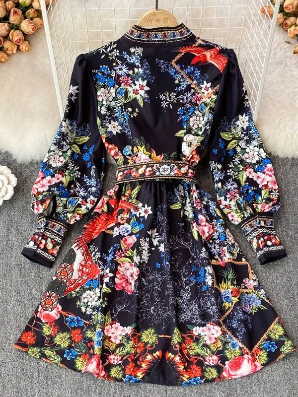 Фото Gaun Mini Wanita Liburan Boho Motif Bunga Warni Lengan Panjang Lentera Wanita Musim Semi Pentas Mode Bar 2022 №3