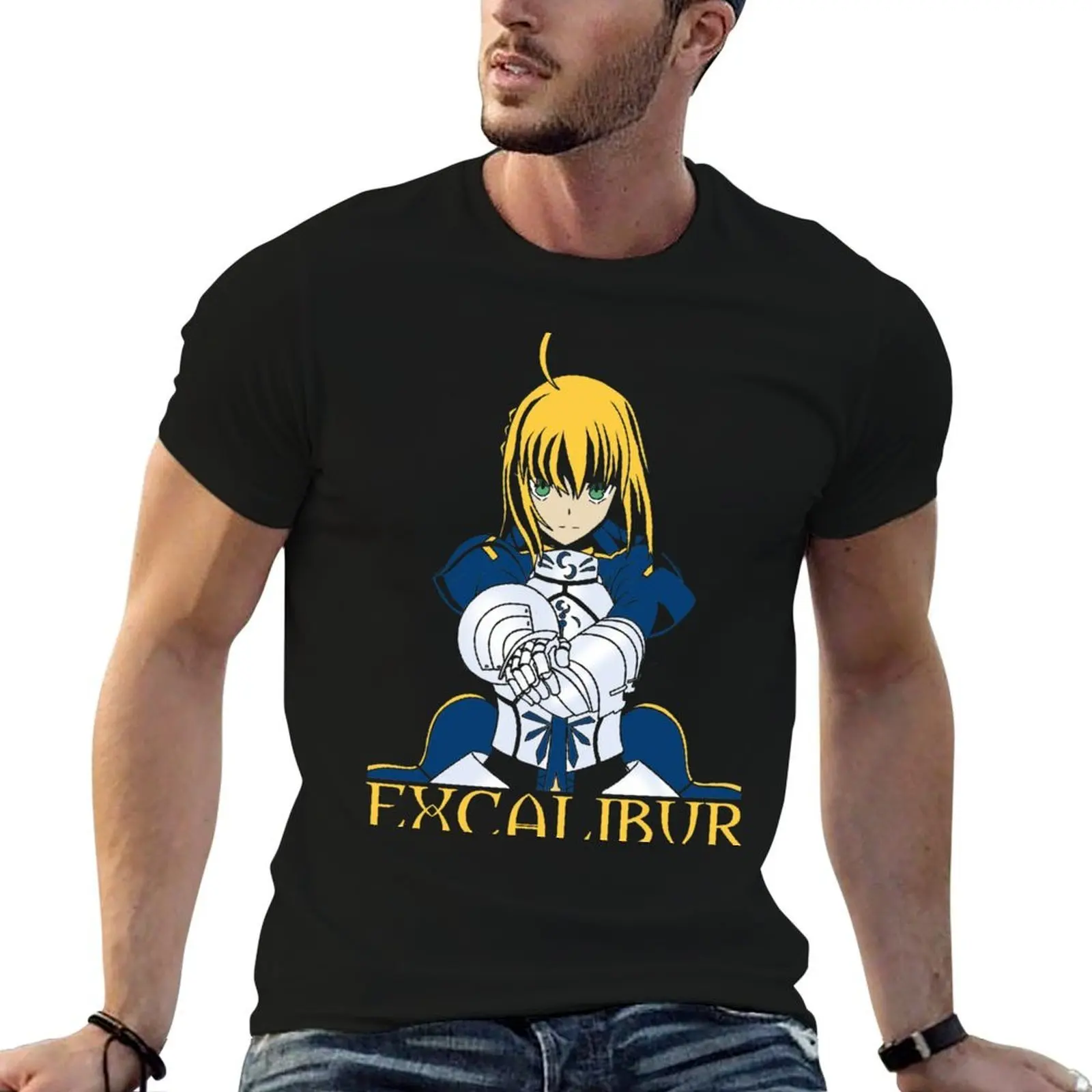 Фото Футболка Artoria pendragon-S Saber Excalibur, футболки для мужчин, винтажные футболки с рисунком аниме для мужчин, футболка №4