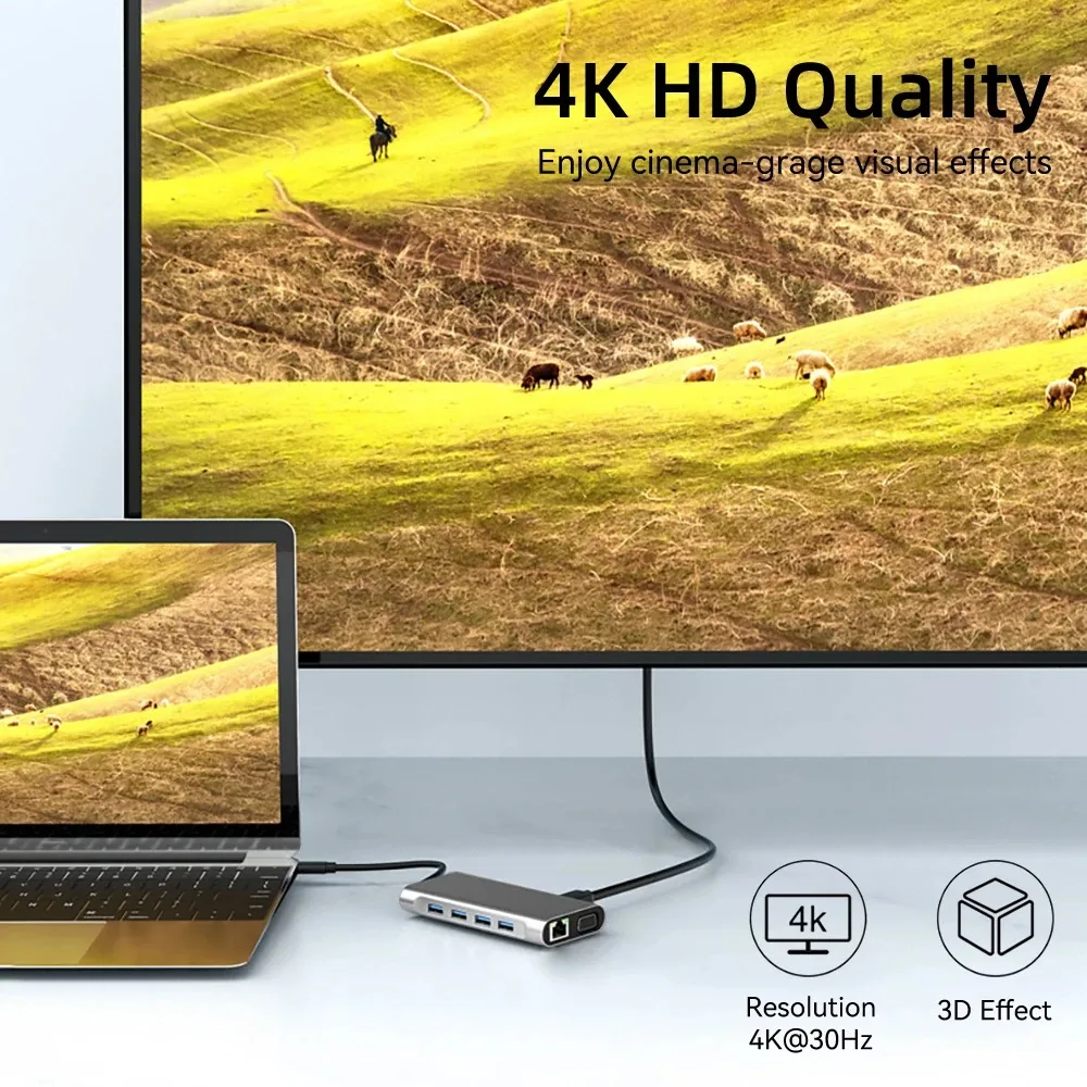 Фото 11-в-1 4K USB C 3.0 HUB Type C — HDMI-совместимый адаптер USB 3.0 Type C HUB Dock PD 87 Вт USB C Splitter для MacBook Pro Air №5