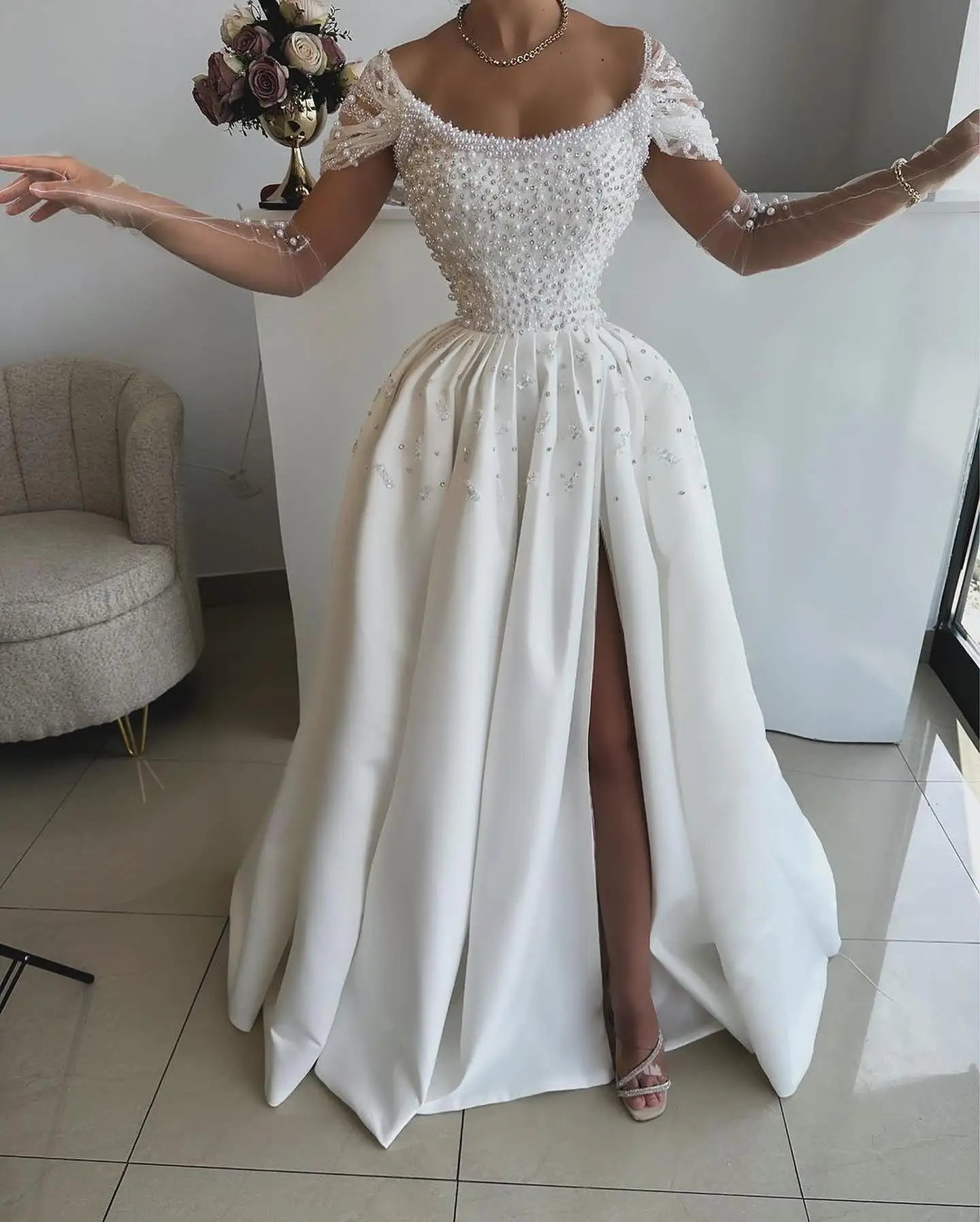 Elegant Off The Shoulder Scoop Neckline Beaded Satin A Line Wedding Dresses Side Slit Custom Made Vestido De Noival (art.: 3920ca9b47c0c) - 3920ca9b47c0c