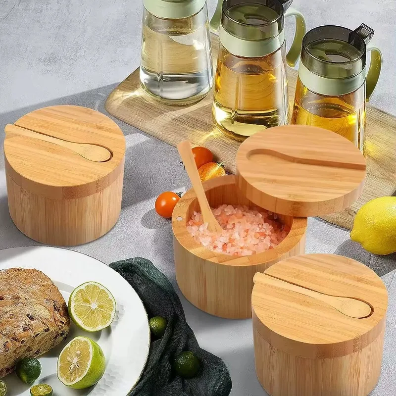 Бамбуковая банка для соли с ложкой, кухонная банка для специй, магнитный вращающийся бытовой контейнер для приправ, коробки для хранения ювелирных изделий ручной работы