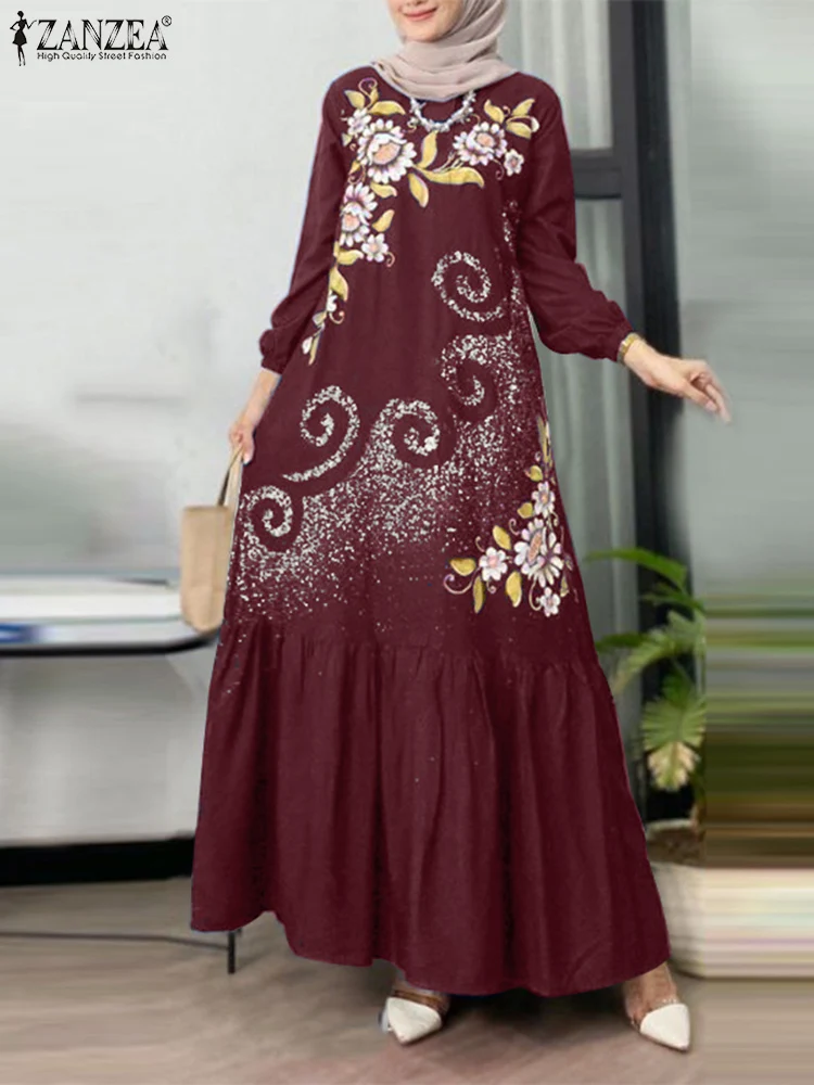 Фото Весеннее мусульманское платье макси Abaya ZANZEA, женское модное аминовое платье с длинным рукавом, Дубайский сарафан в богемном стиле с цветочным принтом, 2024 №3