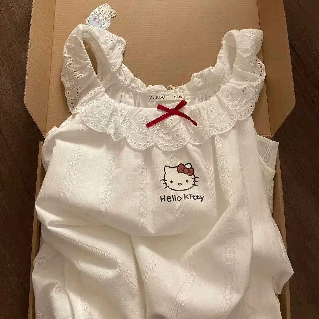 Летние женские пижамы Hello Kitty Kawaii Sanrios, милая ночная рубашка для девочек с подушечками на груди, студенческая одежда для сна, удобная домашняя одежда (art.: 3920d089c0159) - 3920d089c0159