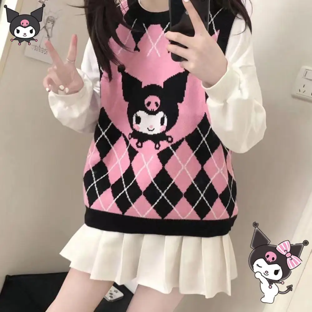Фото Милый вязаный жилет Kuromi Sanrioed, аниме Kawaii, весенний свитер в консервативном стиле с героями мультфильмов, милый студенческий модный тренд для японских девушек №3