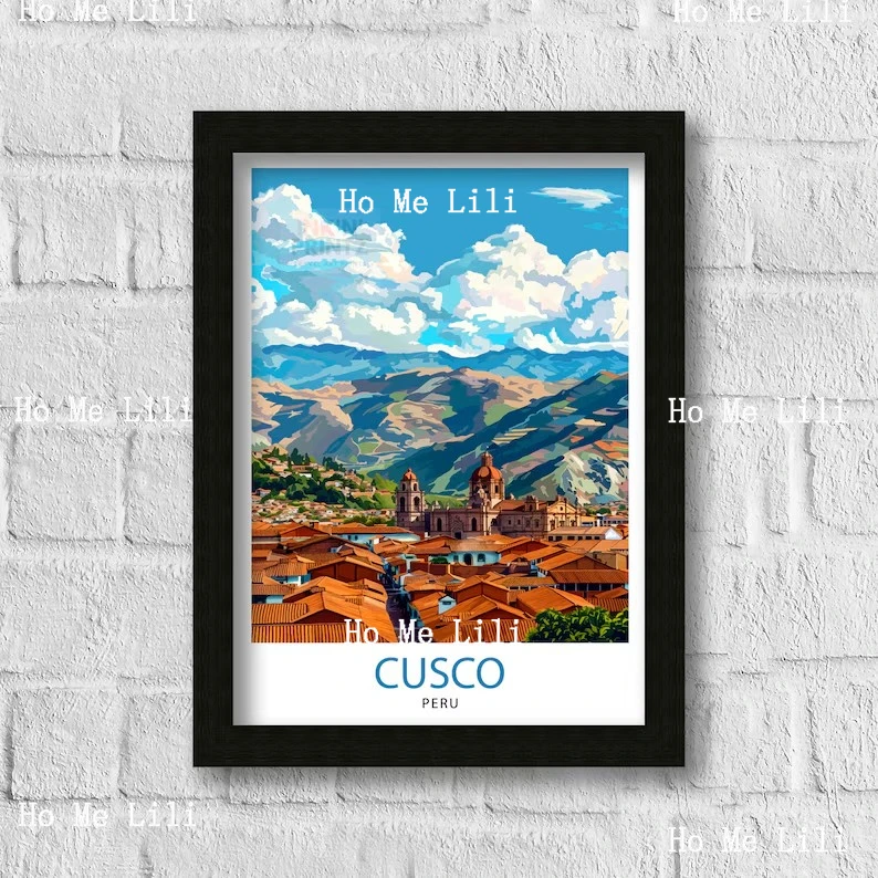 Cusco Перу путешествие печать древняя Инка столица искусство андин городской пейзаж постер перуанская культура Настенный декор иллюстрация священной долины