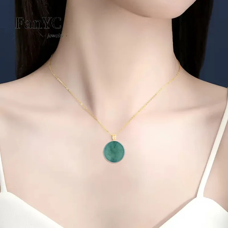 Фото Мьянма A-goods Jadeite синяя вода маленькая круглая тарелка амулет кулон 18K Золотая пряжка простое модное ледяное Нефритовое ожерелье №5