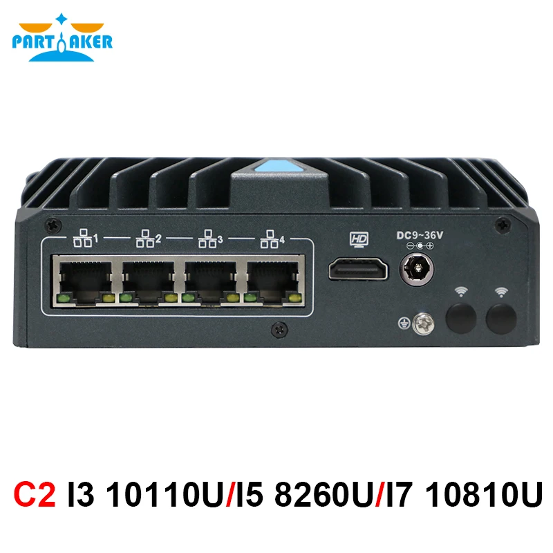 Безвентиляторный мини-ПК Partaker Intel Core i3-10110U/i5-8260U 4xLAN TPM2.0 Брандмауэрный маршрутизатор pfSense Промышленный компьютерный сервер Мини-ПК