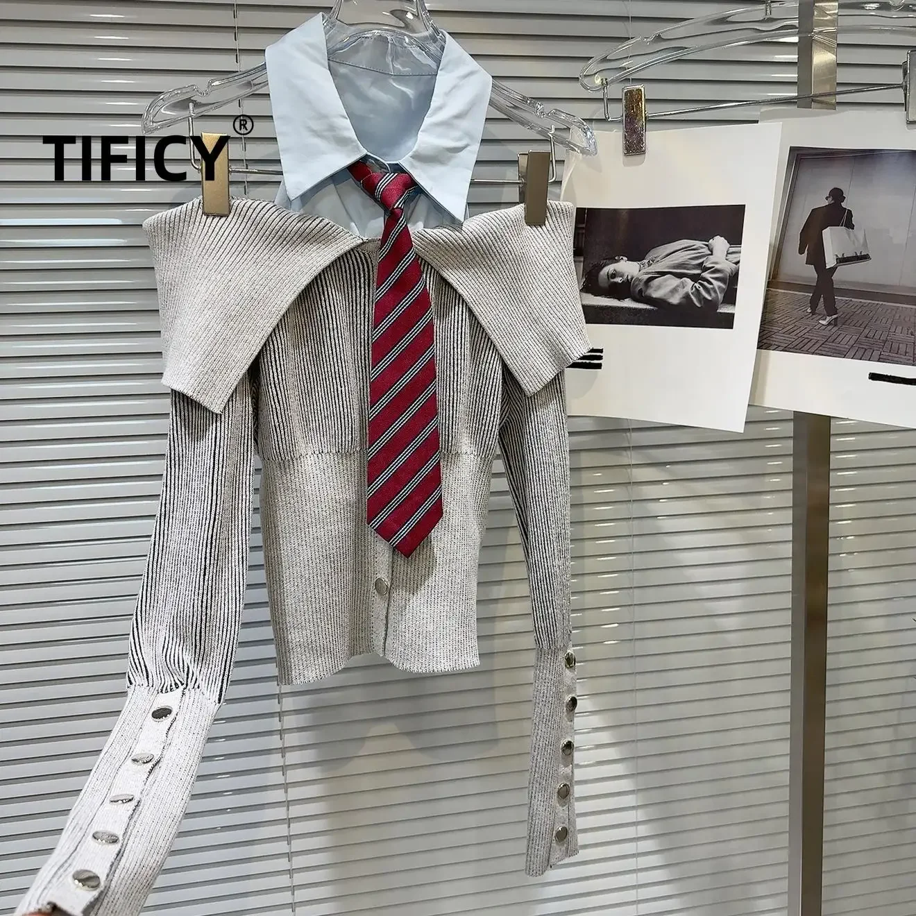Фото High Street женский зимний новый милый крутой пикантный клетчатый галстук для девочек, вязаный свитер с открытыми плечами, тонкий дизайн, рубашка, топы №3