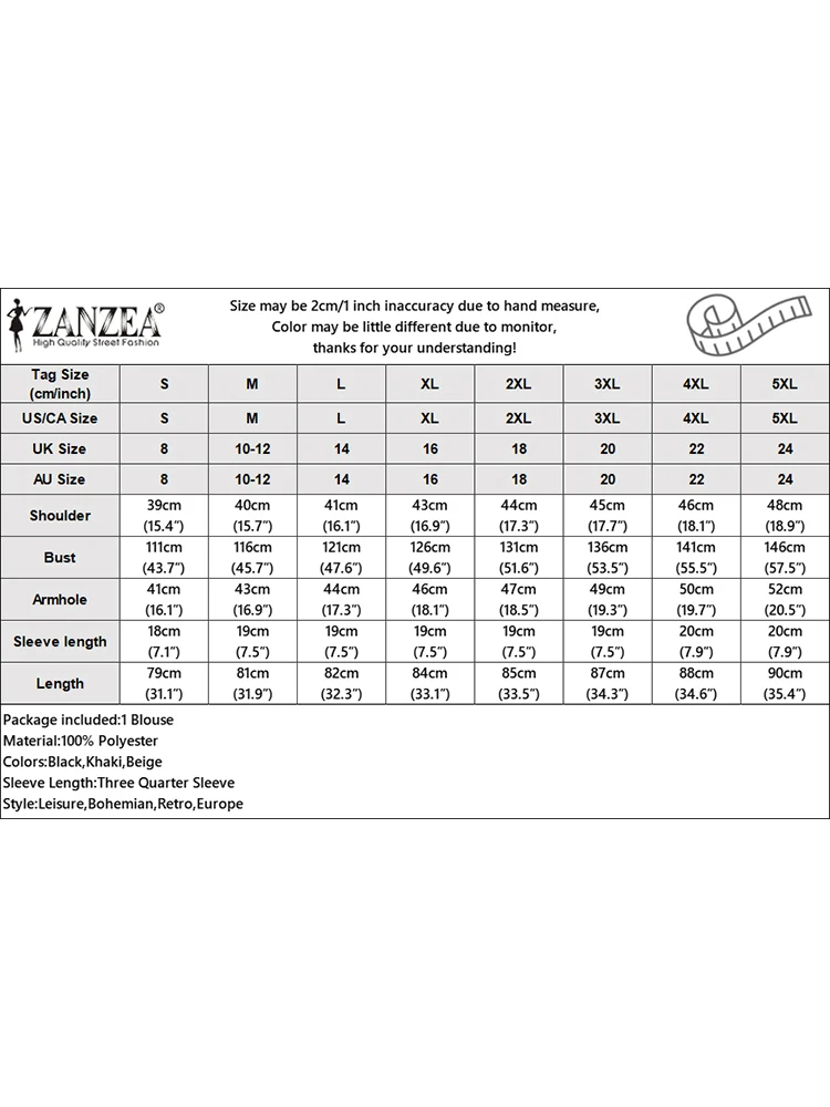 Модная женская рубашка ZANZEA, осенняя однотонная офисная блузка, элегантный воротник с лацканами и рукавом 34, блузки на пуговицах, женские повседневные свободные топы 2024 (art.: 3920c8c855621) - 3920c8c855621