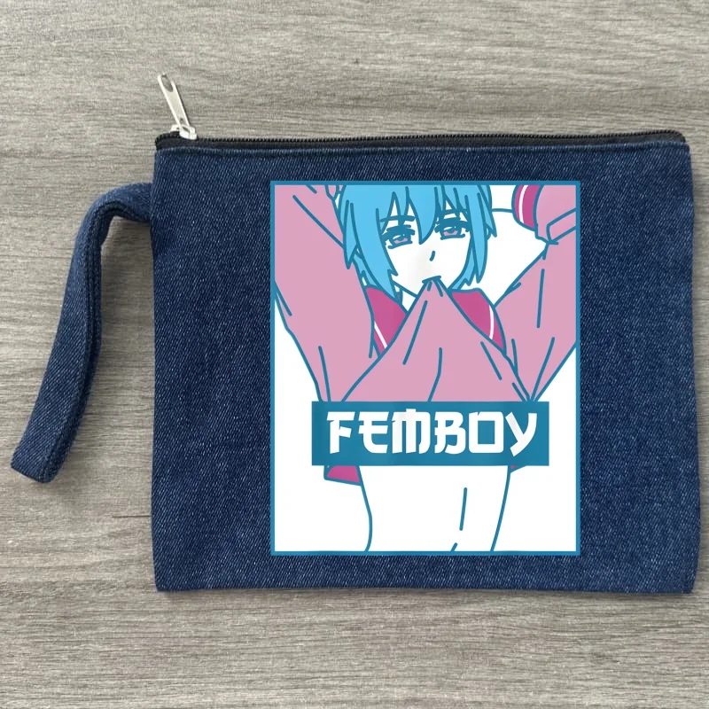Фото Femboy Fairycore 90s косметичка женская косметичка Kawaii туалетные принадлежности холст органайзер для путешествий джинсовая сумка на молнии сумка кошелек №5