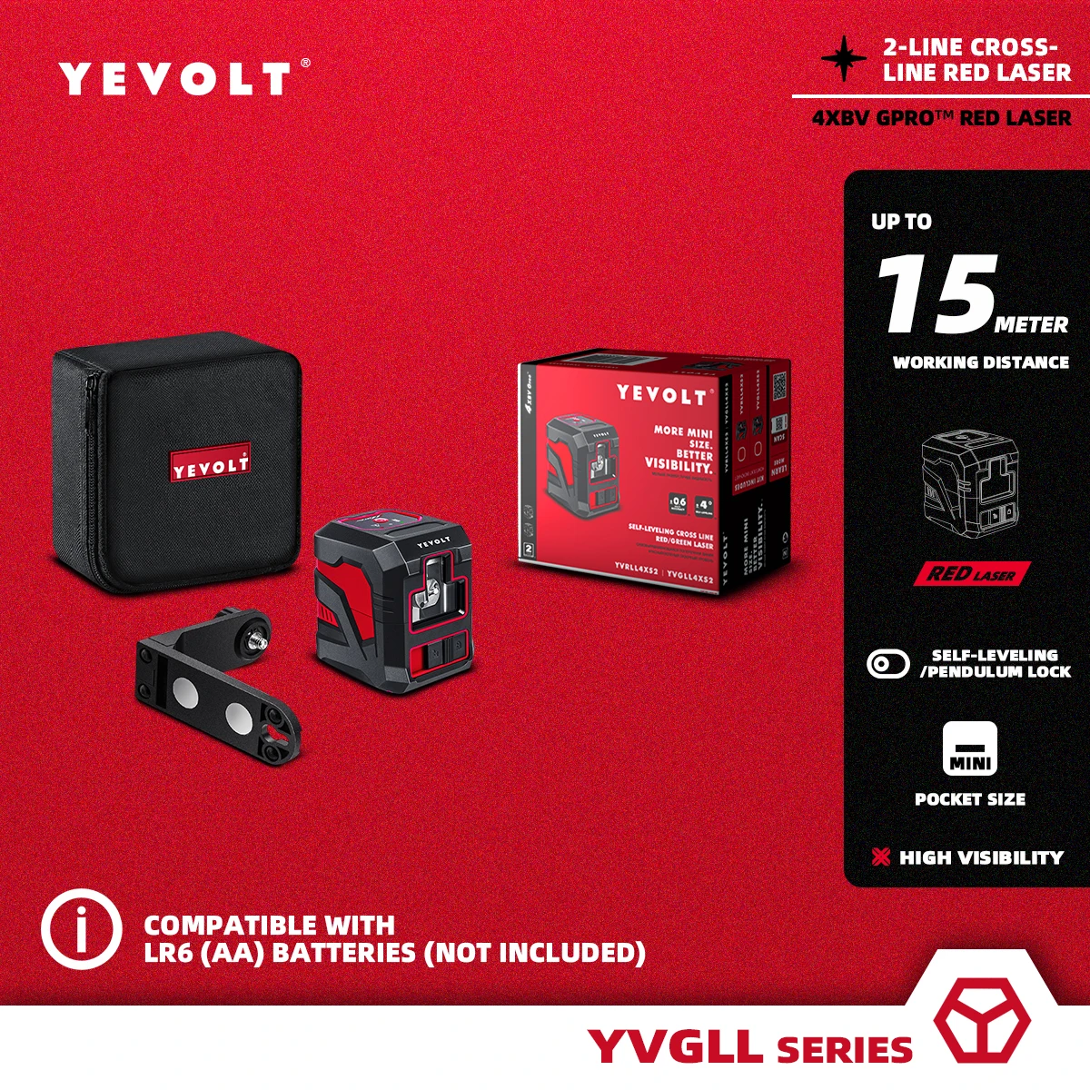 Лазерный уровень YEVOLT YVRLL4XS2B1, самонивелирующийся нивелир с 2 линиями красного цвета, эффективный измерительный инструмент для планировки и выравнивания