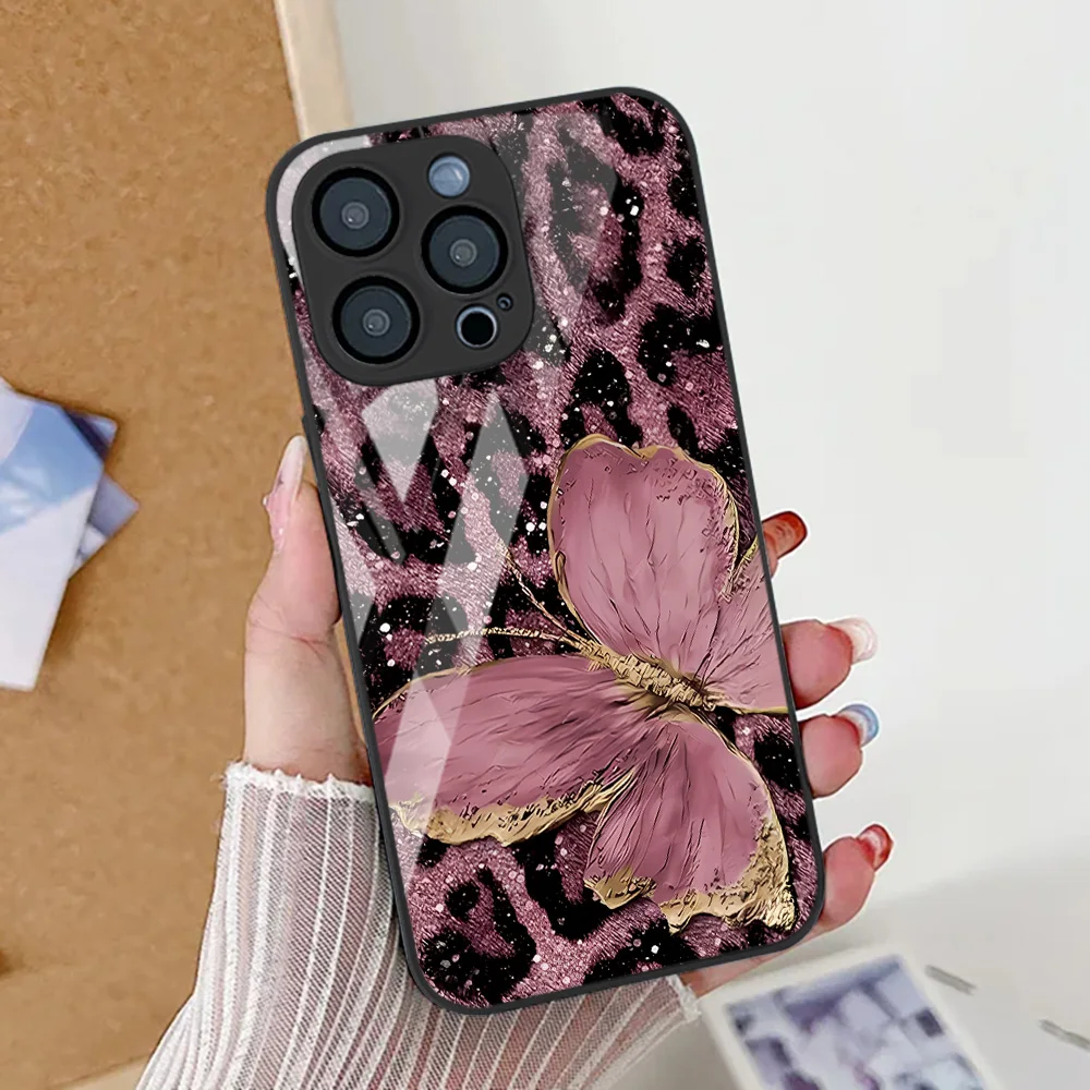 Фото Чехол для телефона с леопардовым принтом бабочки для iPhone 17, 16, 14, 13, 11, 12, 15 Pro Max Air 16E 8 7 Plus XR SE, силиконовый чехол из закаленного стекла №2