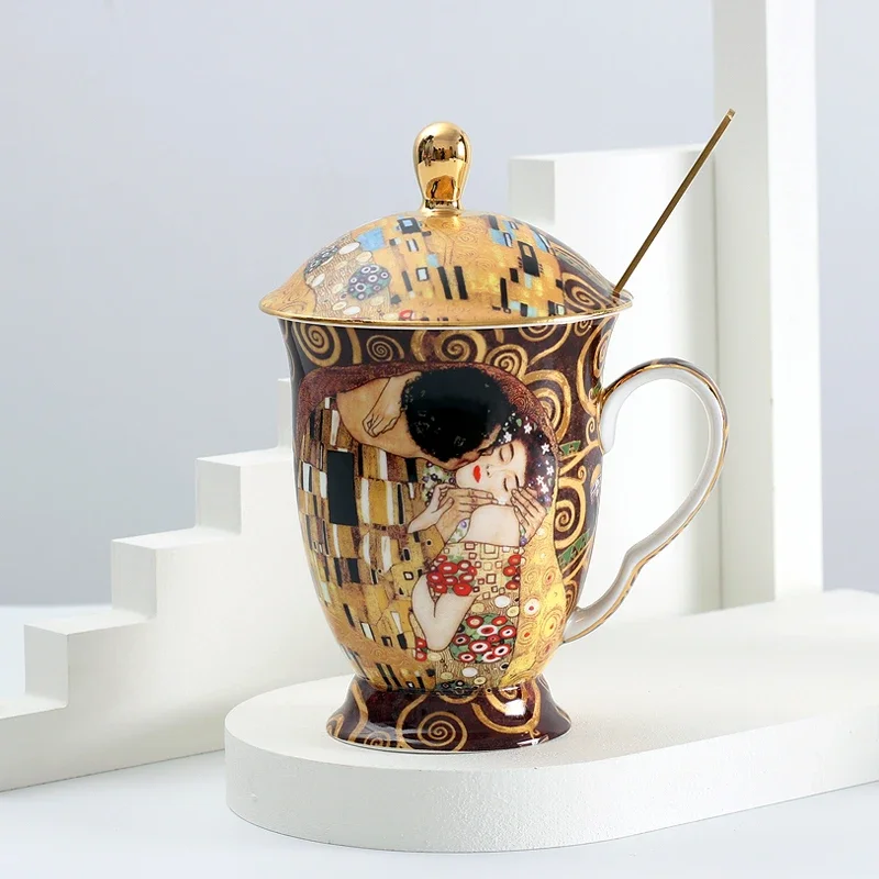 Кофейная кружка из костяного фарфора с крышкой и ложкой, фарфоровые чайные чашки с рисунком Klimt и крышкой, подарок на свадьбу, день рождения (art.: 3920c1ef630b5) - 3920c1ef630b5