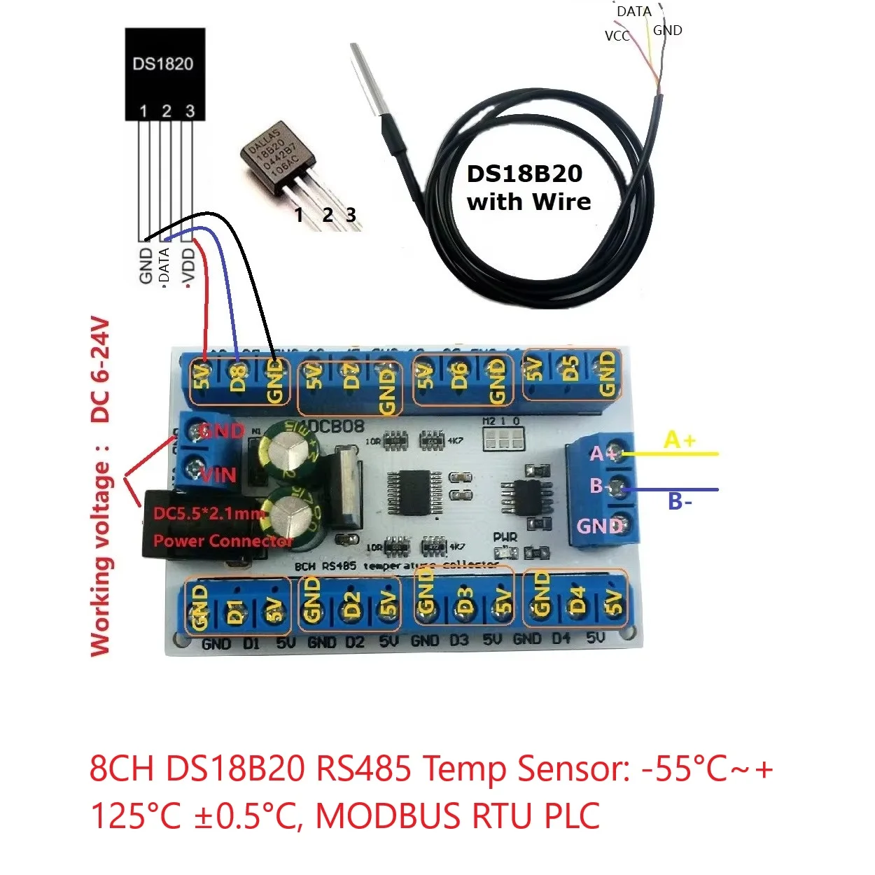 8CH DS18B20 RS485 модуль цифрового термометра удаленный монитор температуры с Modbus PLC DC12V для промышленного тепличного склада