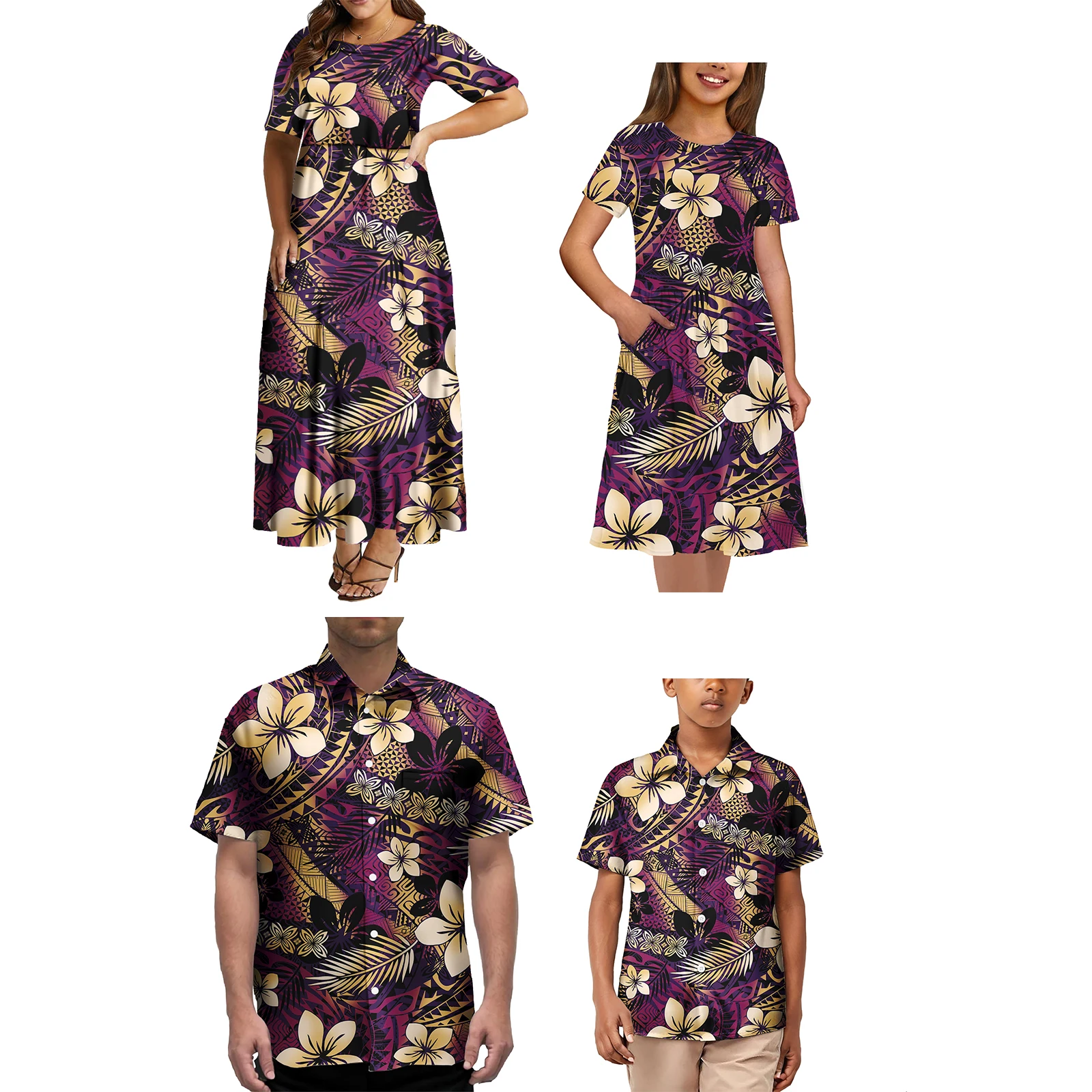 4PCS Set Family Matching Clothes Polynesian Tribal Design Matching Set For Family Family Matching Clothes Set
