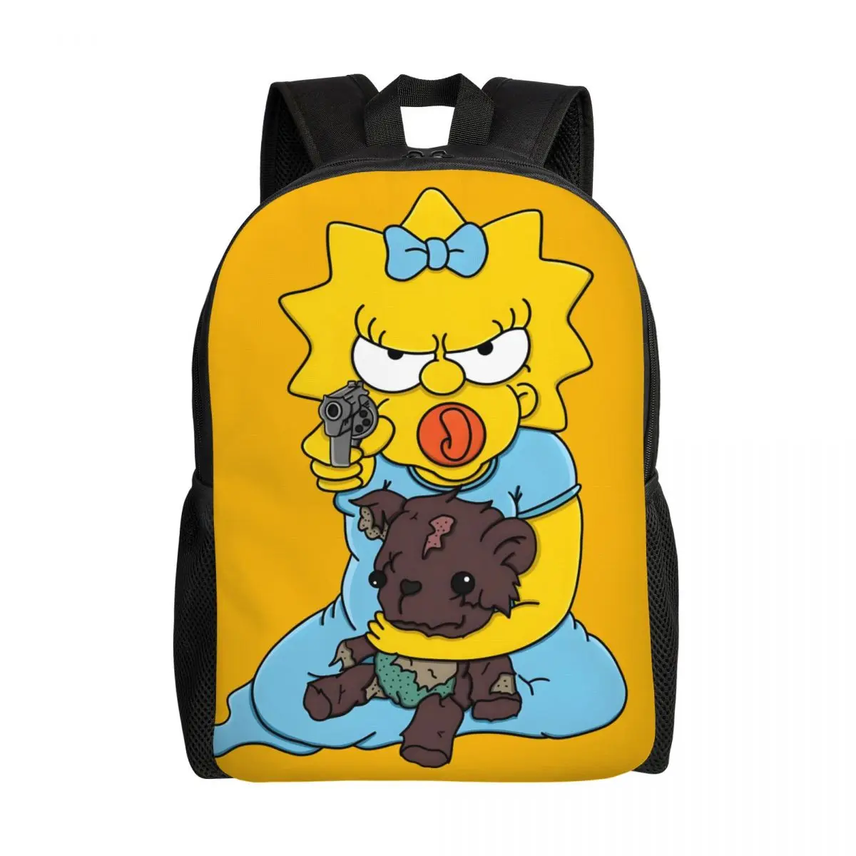 Рюкзаки Maggie Simpsons на заказ с пистолетом для женщин и мужчин, школьная сумка для школьников, подходит для 15-дюймового ноутбука, забавные сумки с героями мультфильмов