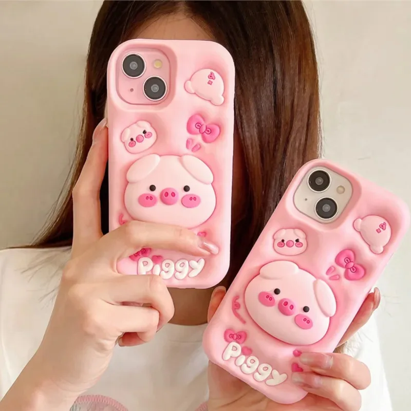 Мягкий силиконовый чехол с телескопическим кронштейном Cute Pig Piggy для iPhone 16, 15, 14, 13, 12, 11 Pro Max X XS Max 7, 8 Plus с держателем-подставкой