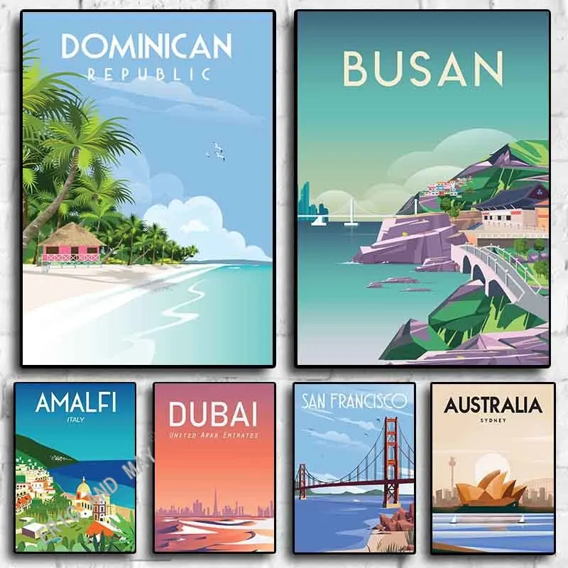 Дубай, мультфильм, туризм, городская улица, Пусан, CURACAO, Доминиканский пейзаж, холст, плакат, эстетика, настенное искусство, декор комнаты, искусство