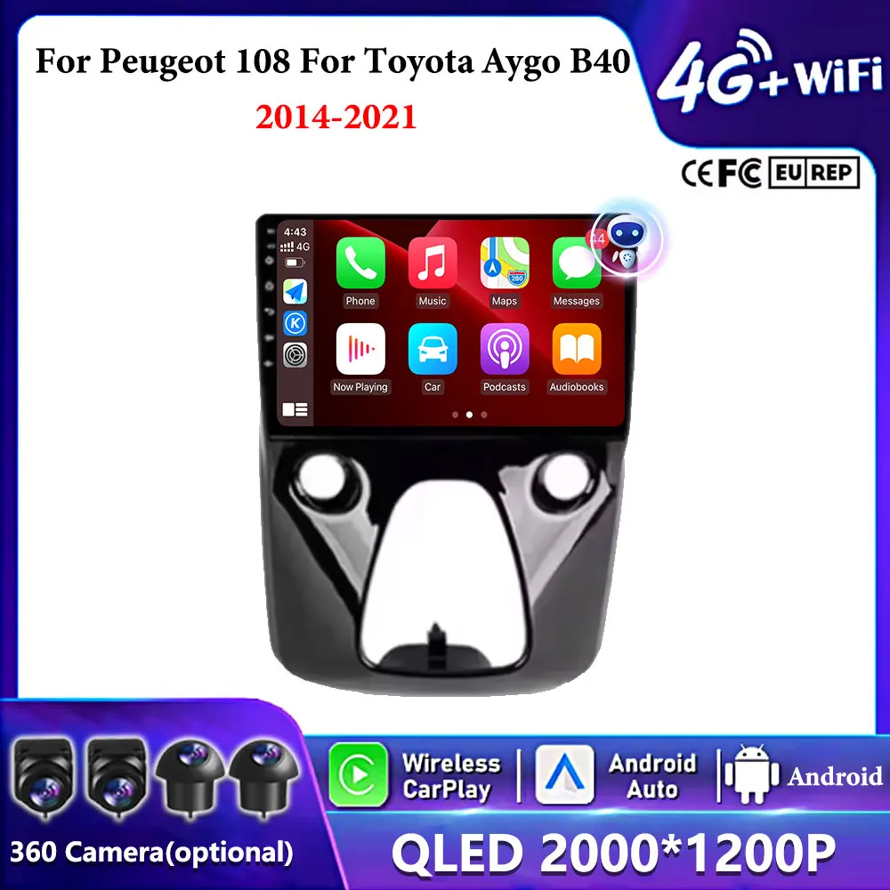 Android Auto стерео мультимедийный автомобильный радиоприемник Carplay для Peugeot 108 для Toyota Aygo B40 2014-2021 GPS-навигатор 4G Wi-Fi BT